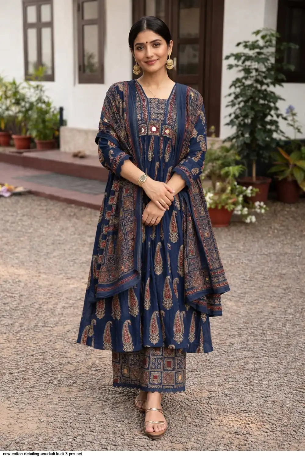 NEW COTTON DETAILING ANARKALI KURTI 3 PCS SET B