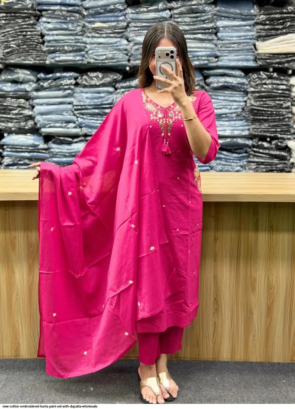 NEW COTTON EMBROIDERED KURTA PANT SET WITH DUPATTA WHOLESALE A