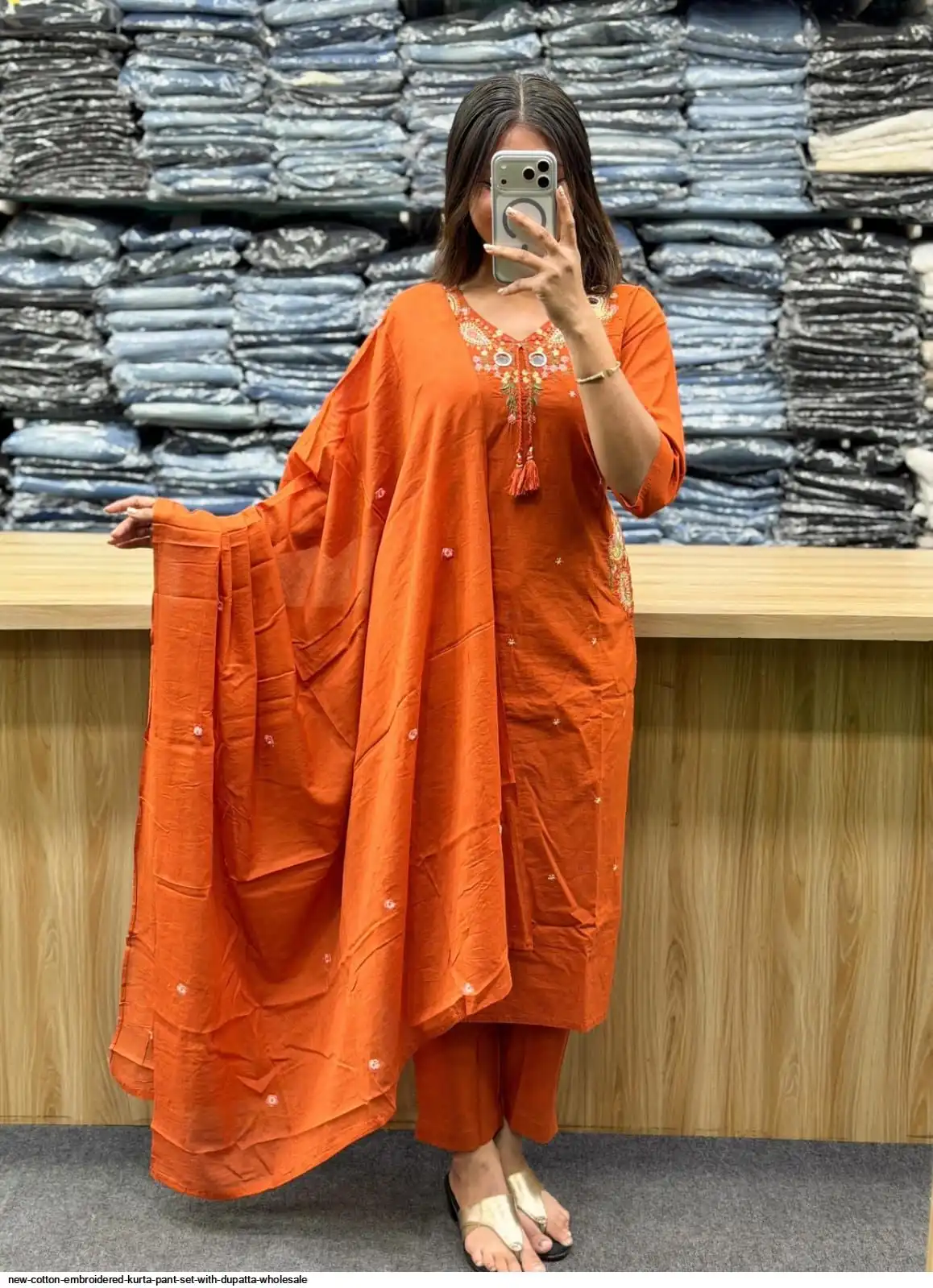 NEW COTTON EMBROIDERED KURTA PANT SET WITH DUPATTA WHOLESALE D