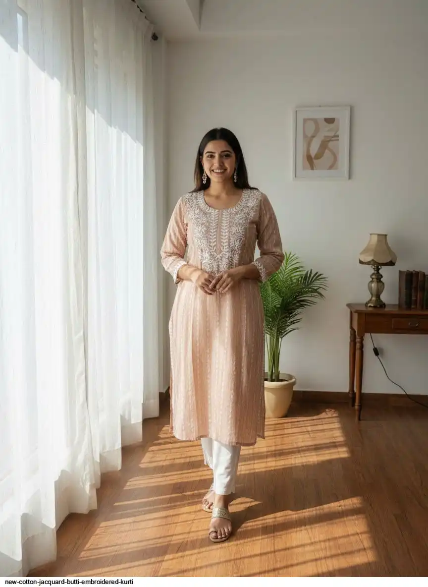 NEW COTTON JACQUARD BUTTI EMBROIDERED KURTI 2