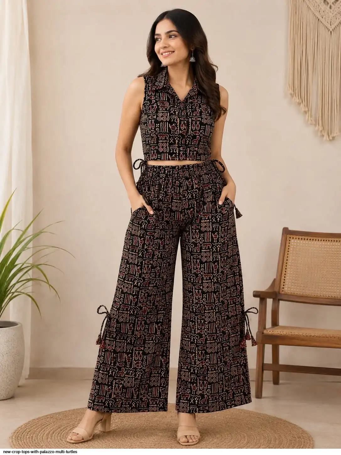 NEW CROP TOPS WITH PALAZZO MULTI TURTLES A