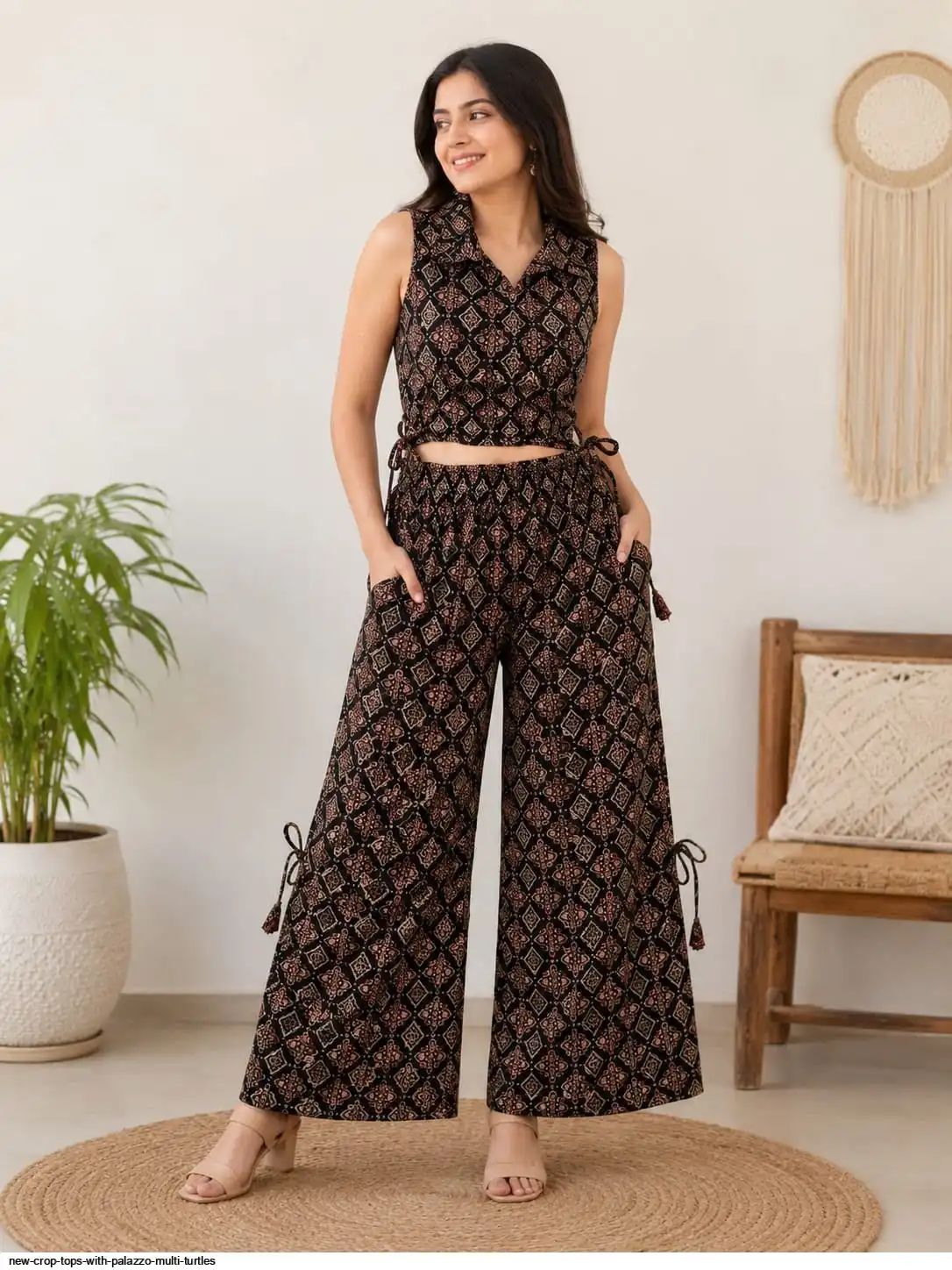 NEW CROP TOPS WITH PALAZZO MULTI TURTLES C