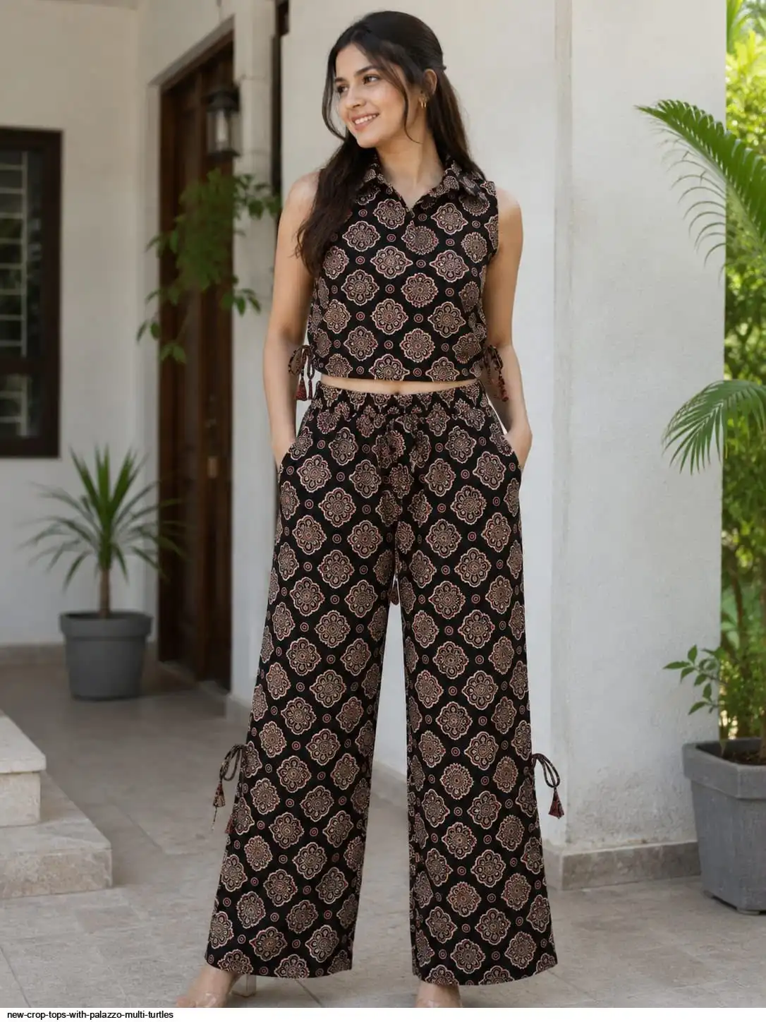 NEW CROP TOPS WITH PALAZZO MULTI TURTLES F