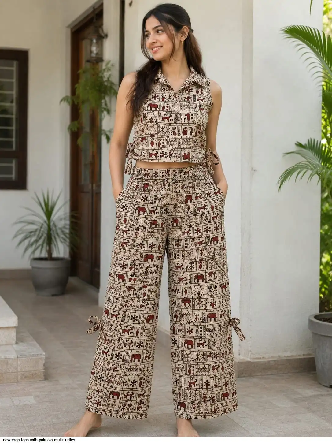 NEW CROP TOPS WITH PALAZZO MULTI TURTLES I