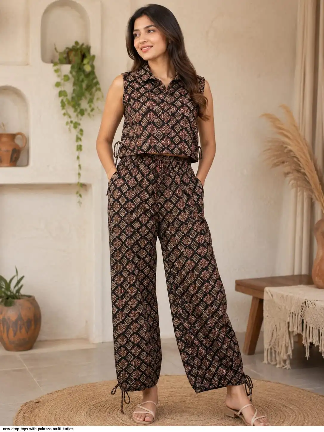 NEW CROP TOPS WITH PALAZZO MULTI TURTLES H