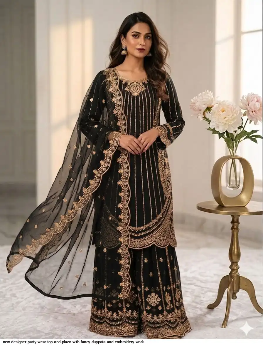NEW DESIGNER PARTY WEAR TOP AND PLAZO WITH FANCY DUPPATA AND EMBROIDERY WORK A