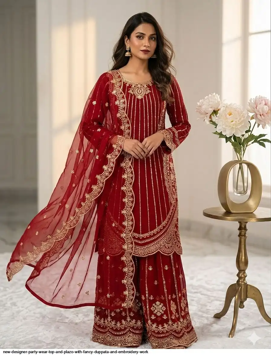 NEW DESIGNER PARTY WEAR TOP AND PLAZO WITH FANCY DUPPATA AND EMBROIDERY WORK B
