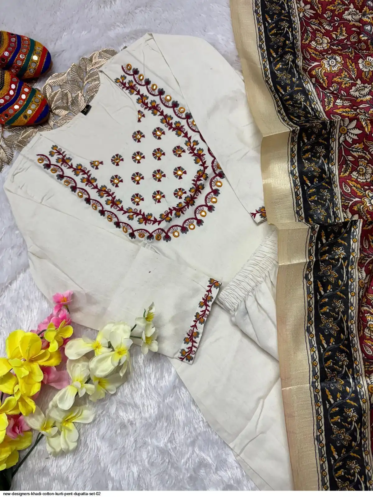 New Designers KHADI COTTON Kurti Pent Dupatta Set 02