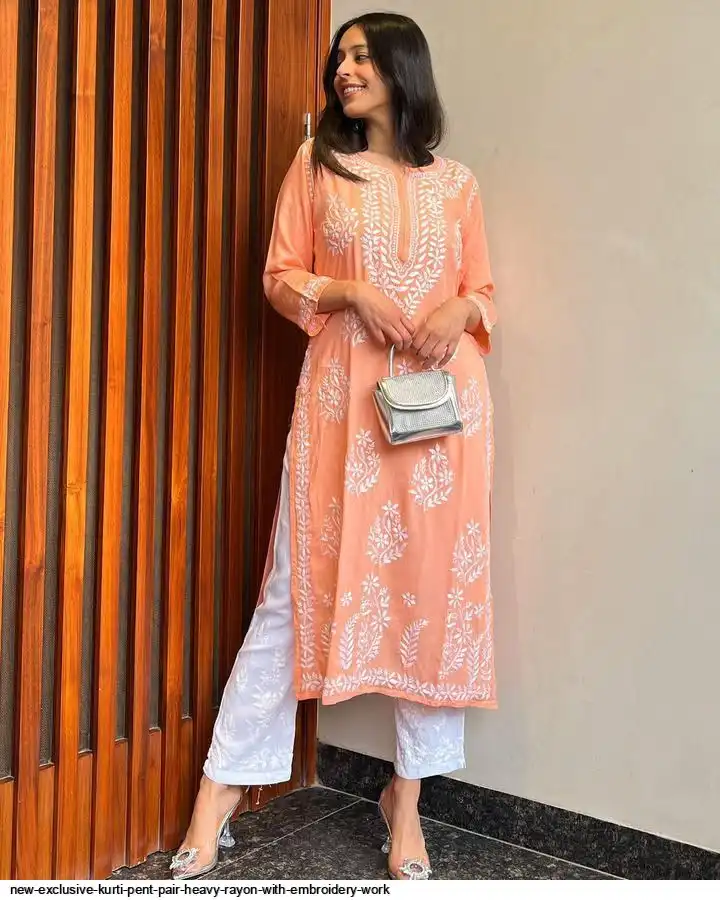 NEW EXCLUSIVE KURTI PENT PAIR HEAVY RAYON WITH EMBROIDERY WORK 1