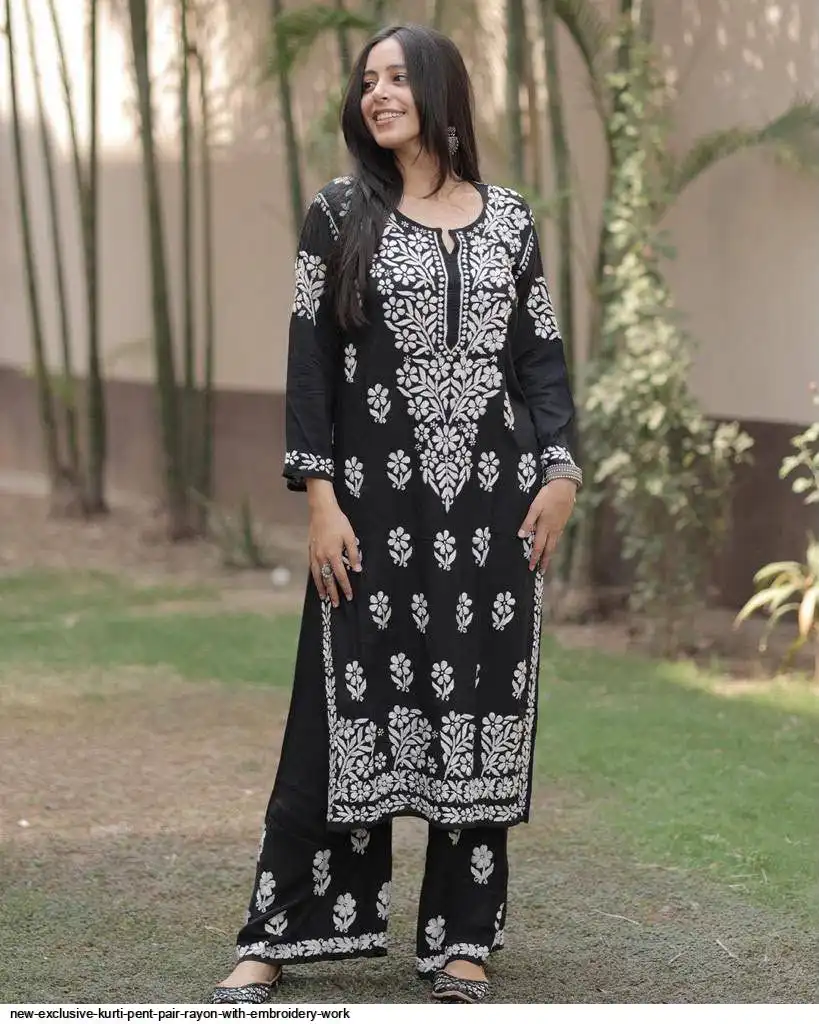 NEW EXCLUSIVE KURTI PENT PAIR RAYON WITH EMBROIDERY WORK 1