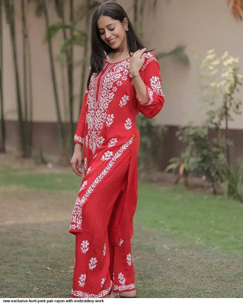 NEW EXCLUSIVE KURTI PENT PAIR RAYON WITH EMBROIDERY WORK 2