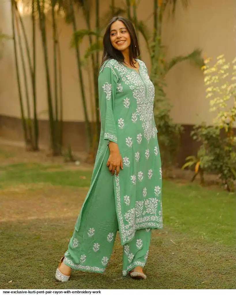 NEW EXCLUSIVE KURTI PENT PAIR RAYON WITH EMBROIDERY WORK 4