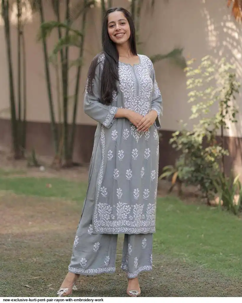 NEW EXCLUSIVE KURTI PENT PAIR RAYON WITH EMBROIDERY WORK 3