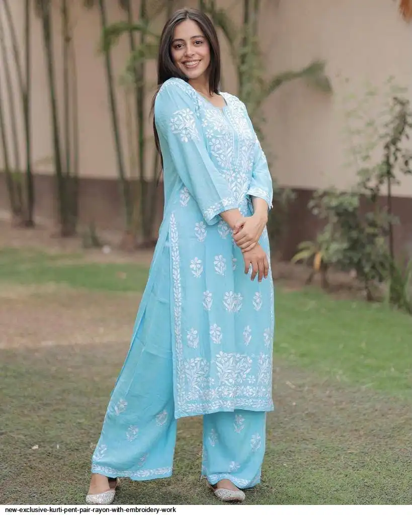 NEW EXCLUSIVE KURTI PENT PAIR RAYON WITH EMBROIDERY WORK 8