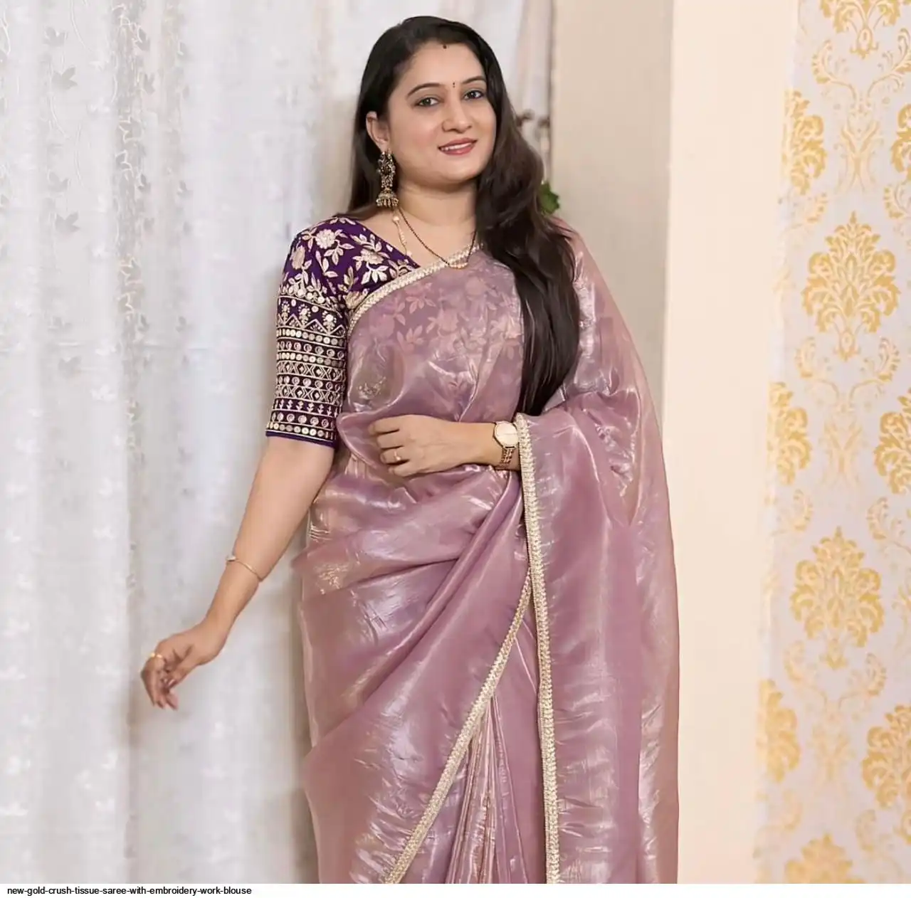 NEW GOLD CRUSH TISSUE SAREE WITH EMBROIDERY WORK BLOUSE