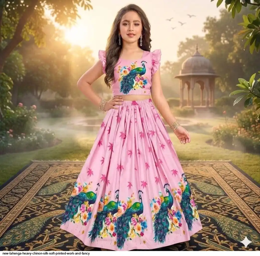 NEW LAHENGA HEAVY CHINON SILK SOFT PRINTED WORK AND FANCY 3