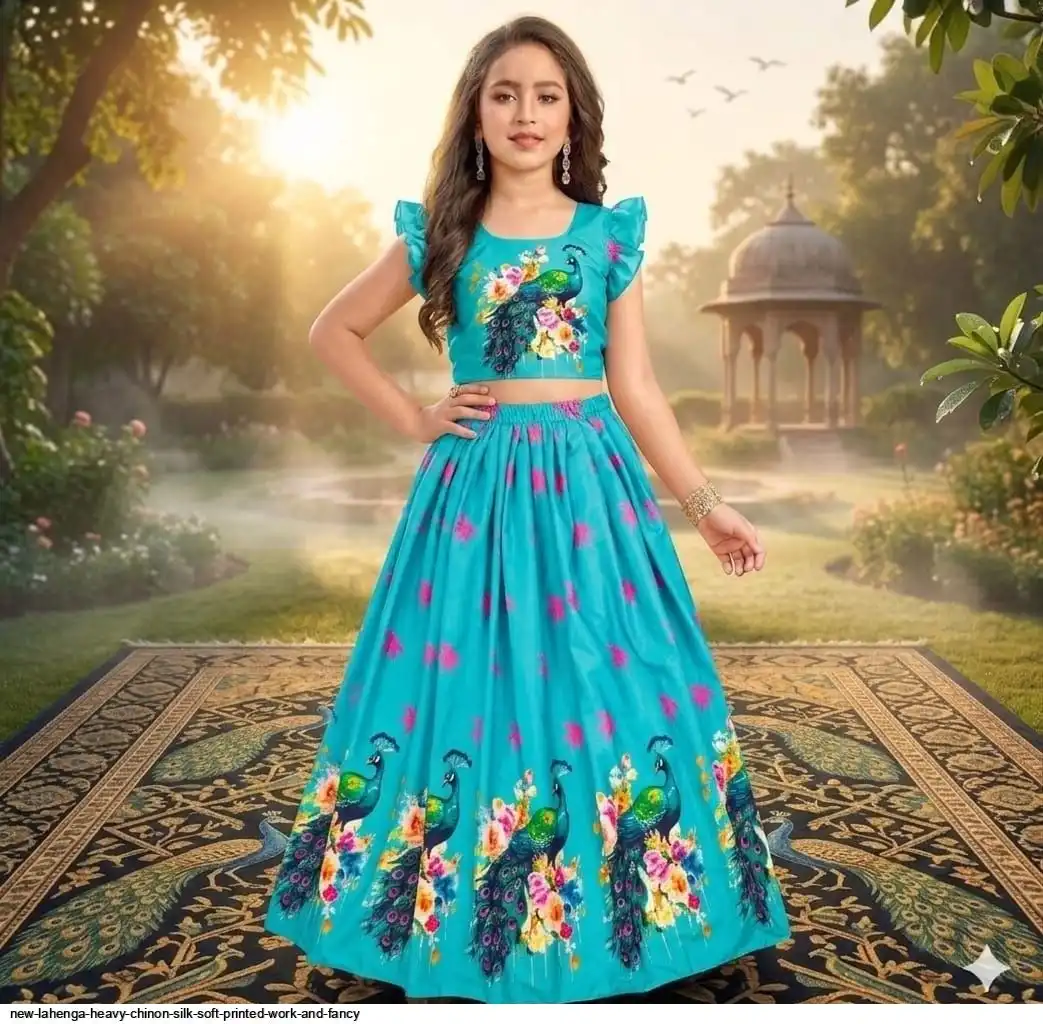 NEW LAHENGA HEAVY CHINON SILK SOFT PRINTED WORK AND FANCY 2