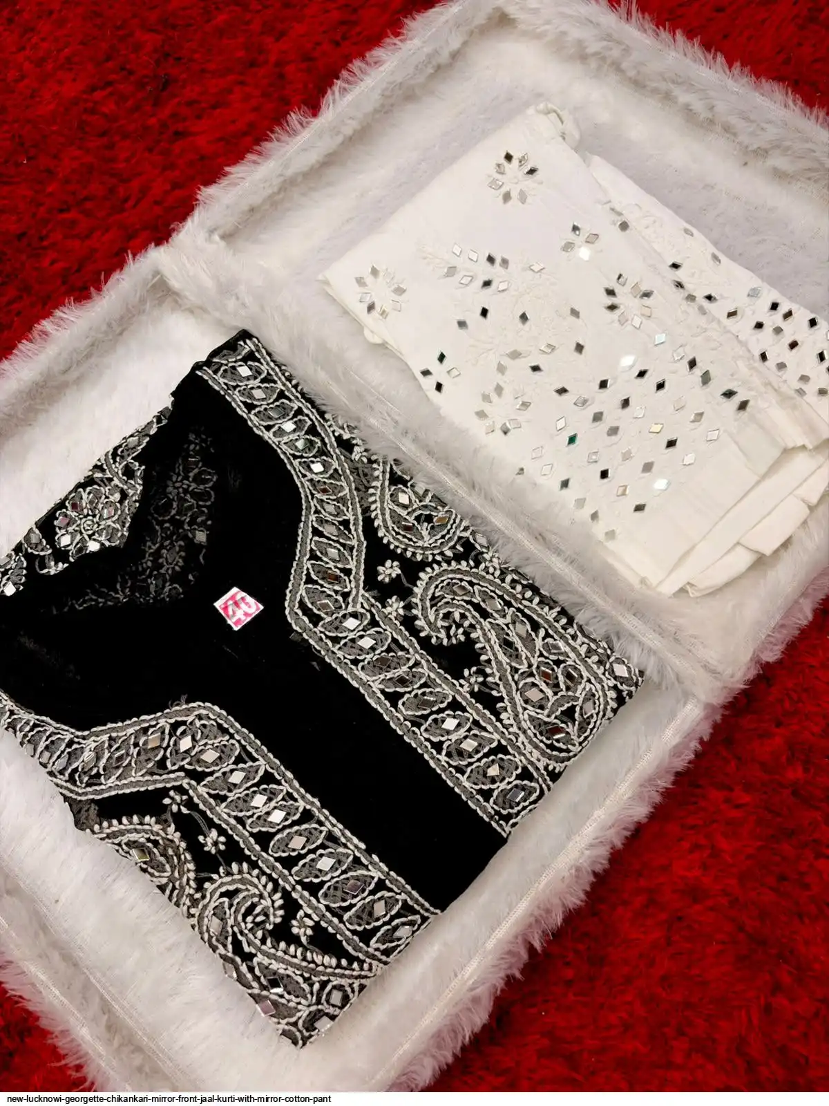 NEW LUCKNOWI GEORGETTE CHIKANKARI MIRROR FRONT JAAL KURTI WITH MIRROR COTTON PANT B