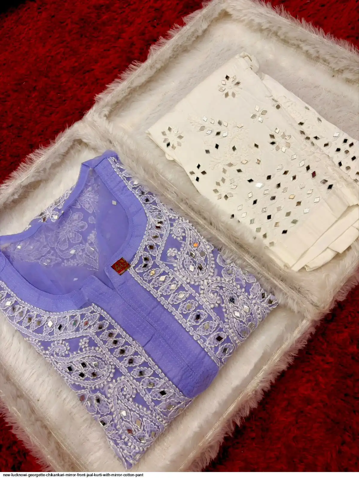 NEW LUCKNOWI GEORGETTE CHIKANKARI MIRROR FRONT JAAL KURTI WITH MIRROR COTTON PANT C