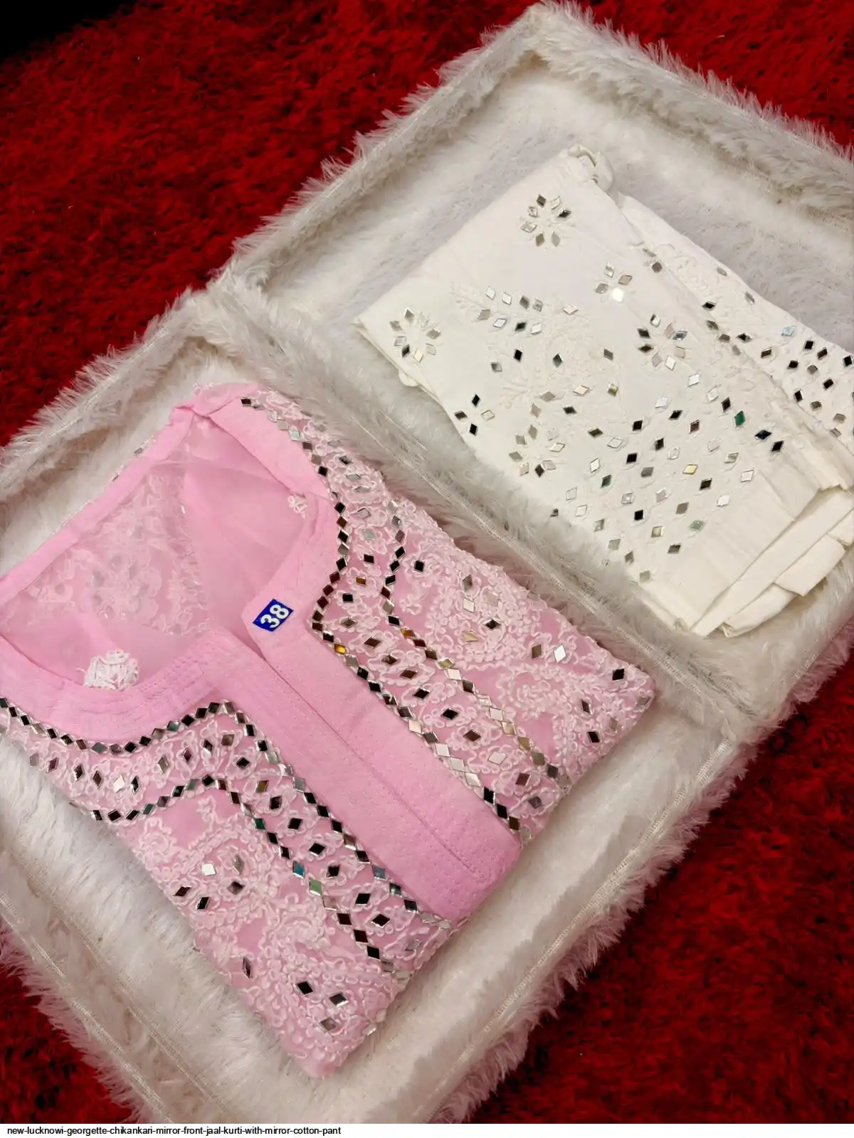 NEW LUCKNOWI GEORGETTE CHIKANKARI MIRROR FRONT JAAL KURTI WITH MIRROR COTTON PANT F
