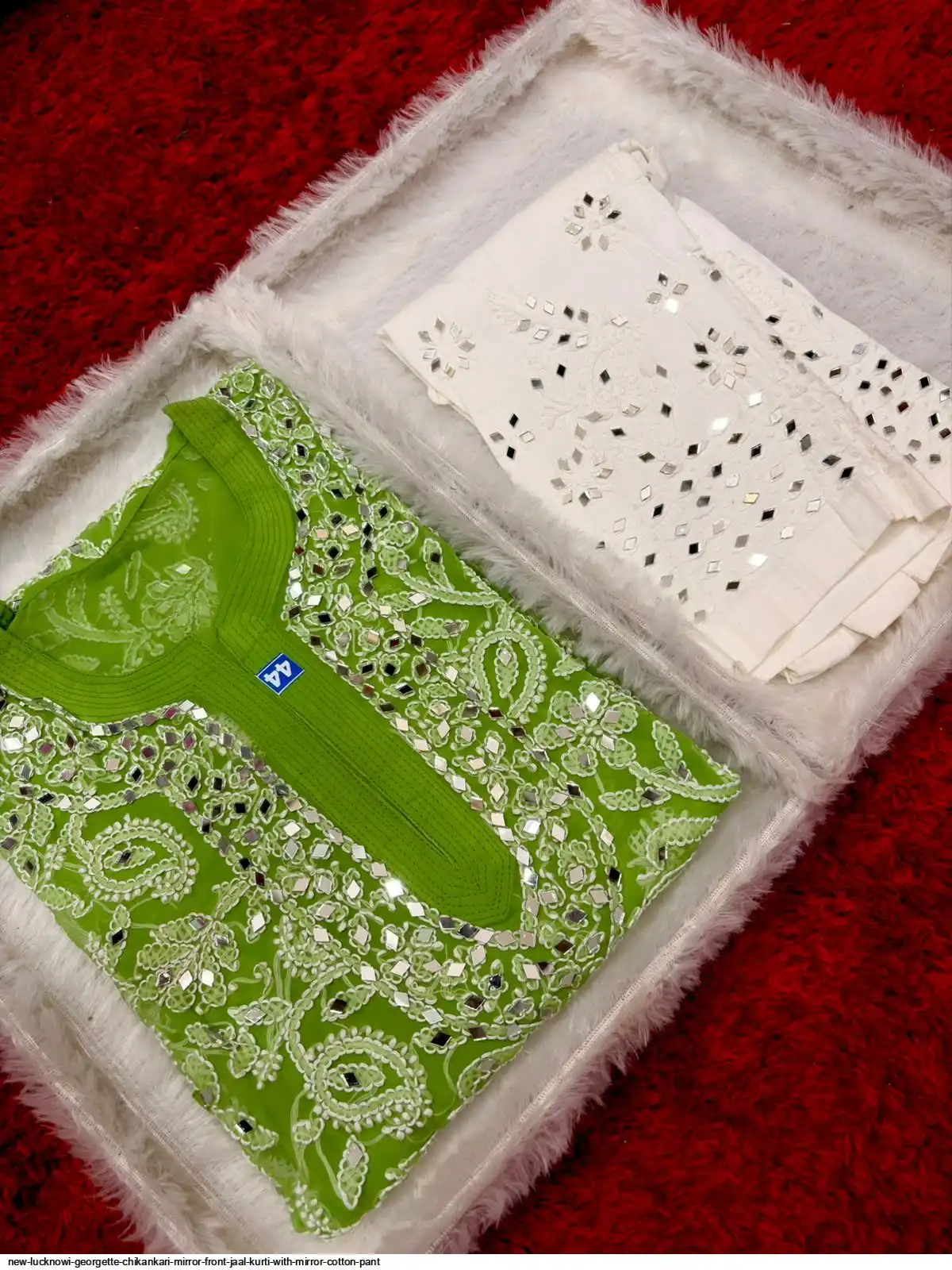 NEW LUCKNOWI GEORGETTE CHIKANKARI MIRROR FRONT JAAL KURTI WITH MIRROR COTTON PANT E