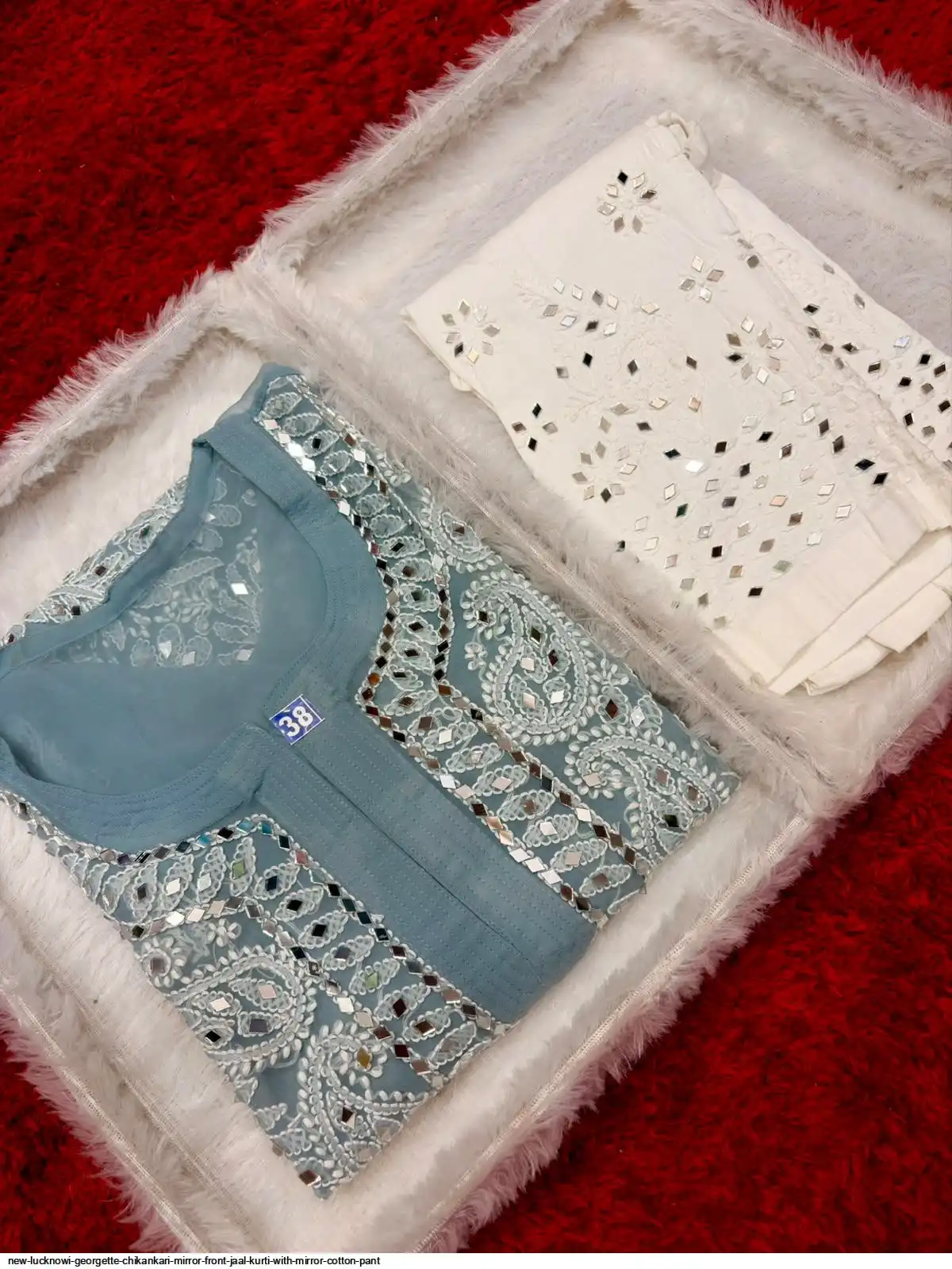 NEW LUCKNOWI GEORGETTE CHIKANKARI MIRROR FRONT JAAL KURTI WITH MIRROR COTTON PANT A