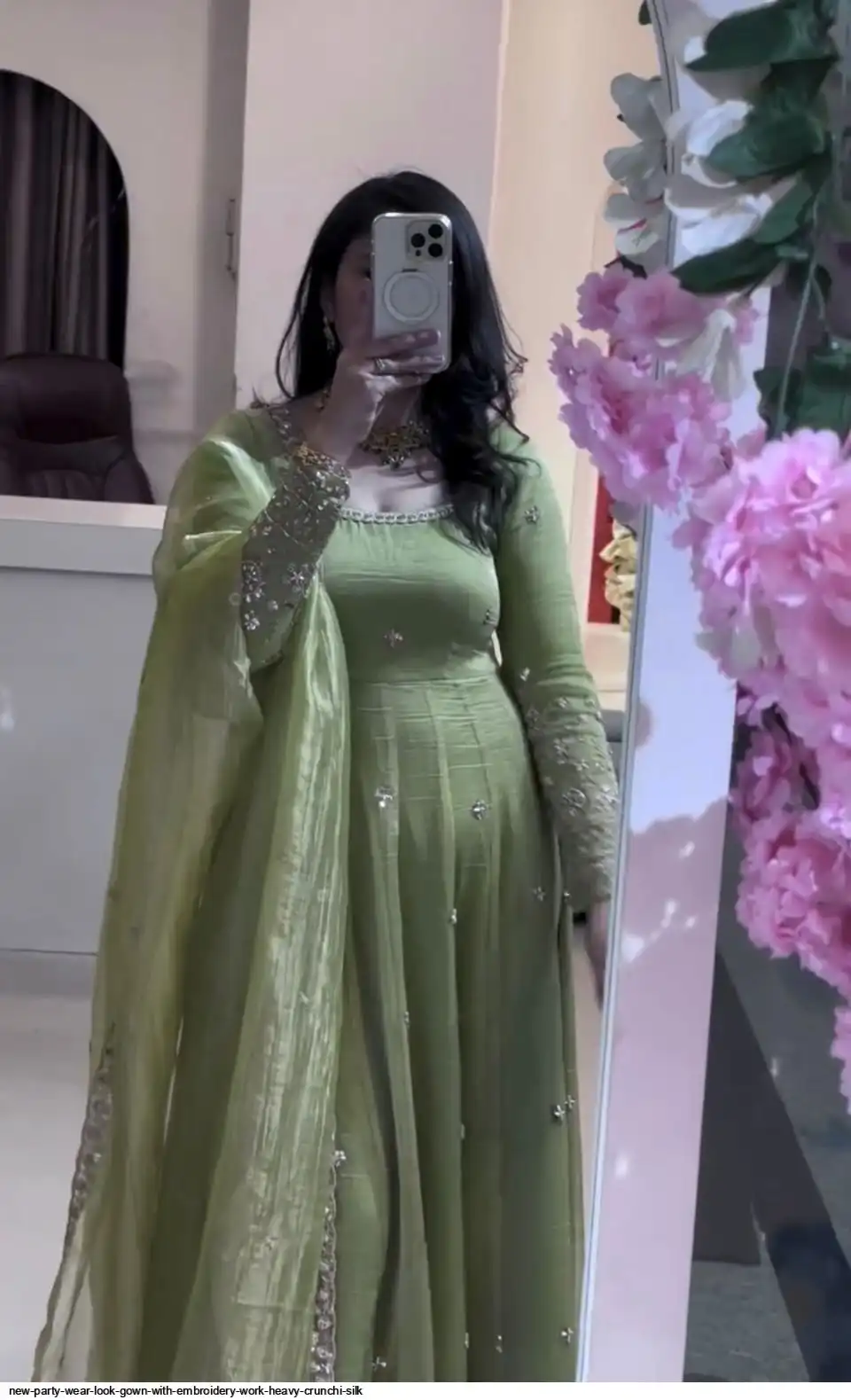 NEW PARTY WEAR LOOK GOWN WITH EMBROIDERY WORK HEAVY CRUNCHI SILK 2