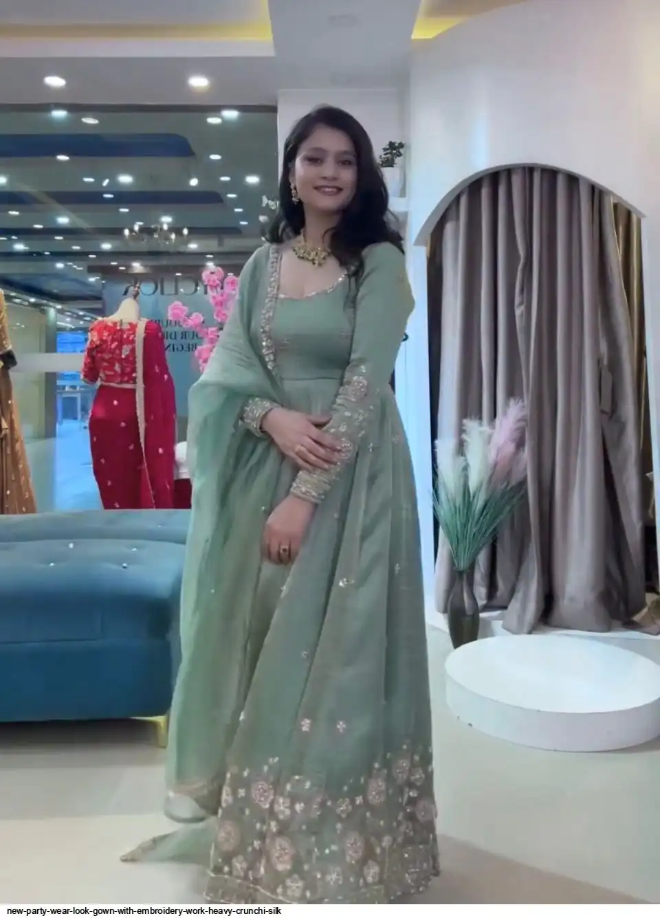 NEW PARTY WEAR LOOK GOWN WITH EMBROIDERY WORK HEAVY CRUNCHI SILK 3