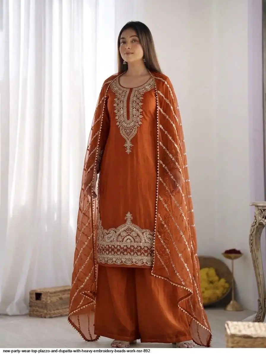 NEW PARTY WEAR TOP PLAZZO AND DUPATTA WITH HEAVY EMBROIDERY BEADS WORK NSR 892 1
