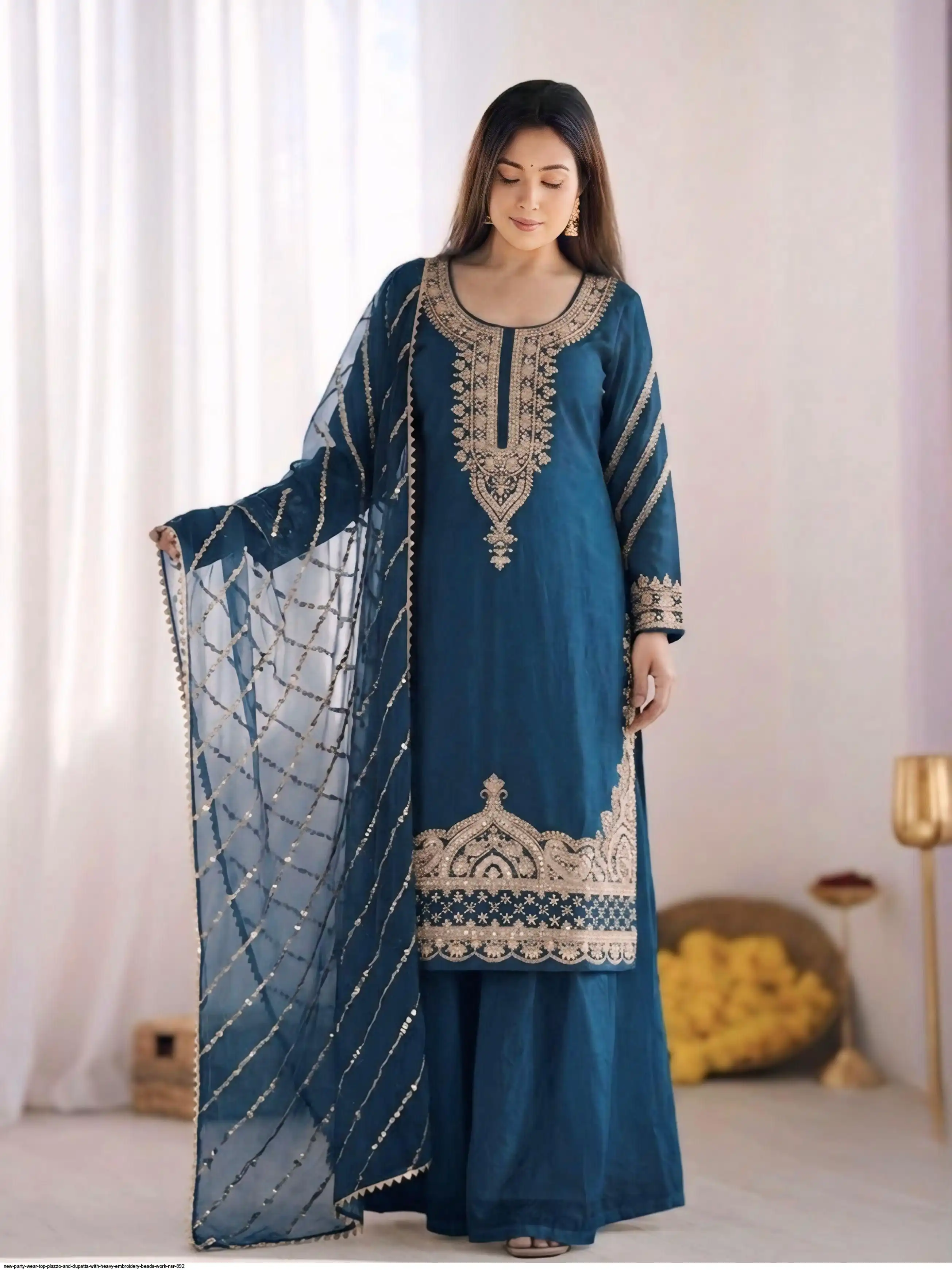 NEW PARTY WEAR TOP PLAZZO AND DUPATTA WITH HEAVY EMBROIDERY BEADS WORK NSR 892 2