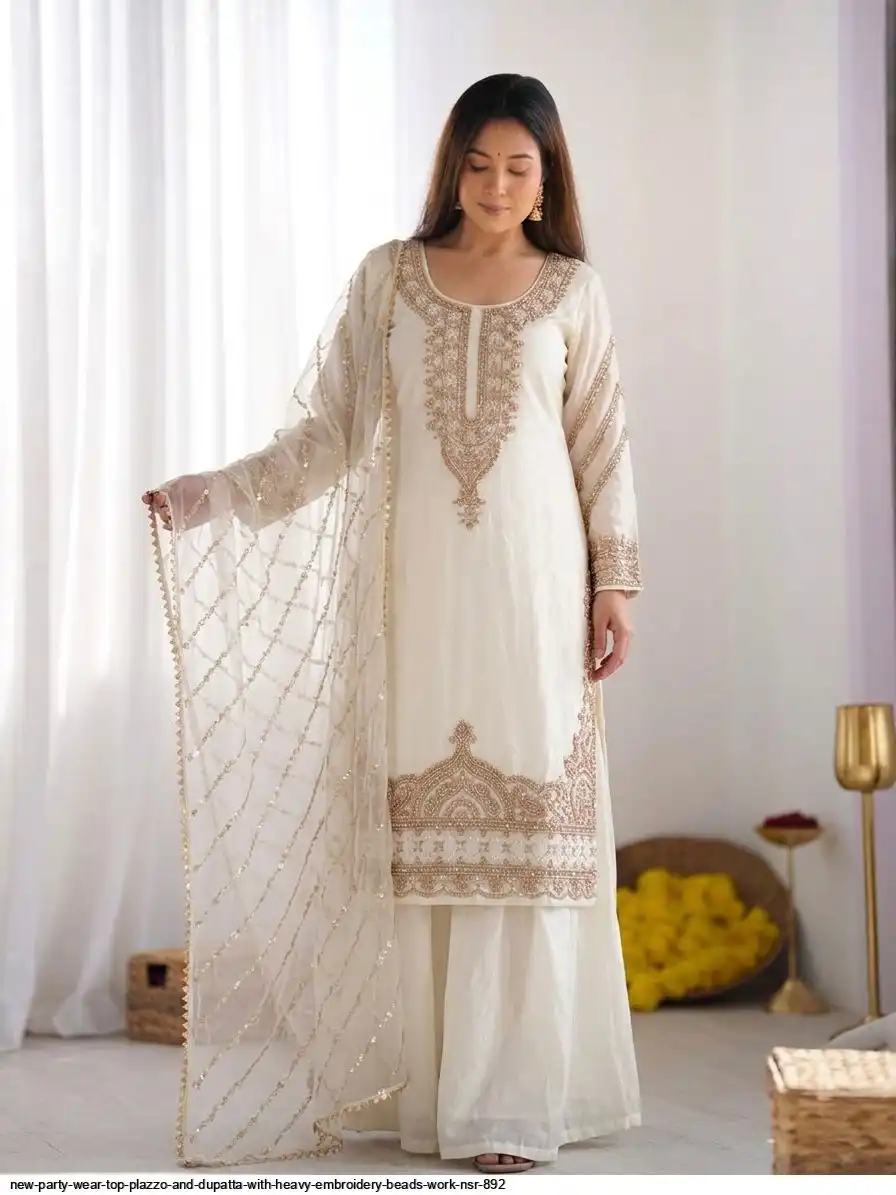 NEW PARTY WEAR TOP PLAZZO AND DUPATTA WITH HEAVY EMBROIDERY BEADS WORK NSR 892 3