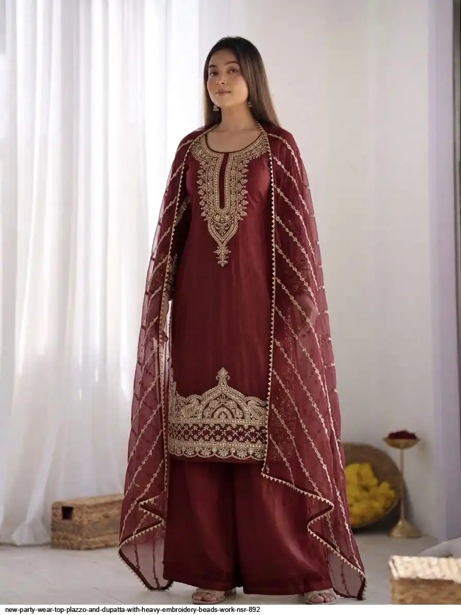 NEW PARTY WEAR TOP PLAZZO AND DUPATTA WITH HEAVY EMBROIDERY BEADS WORK NSR 892 4