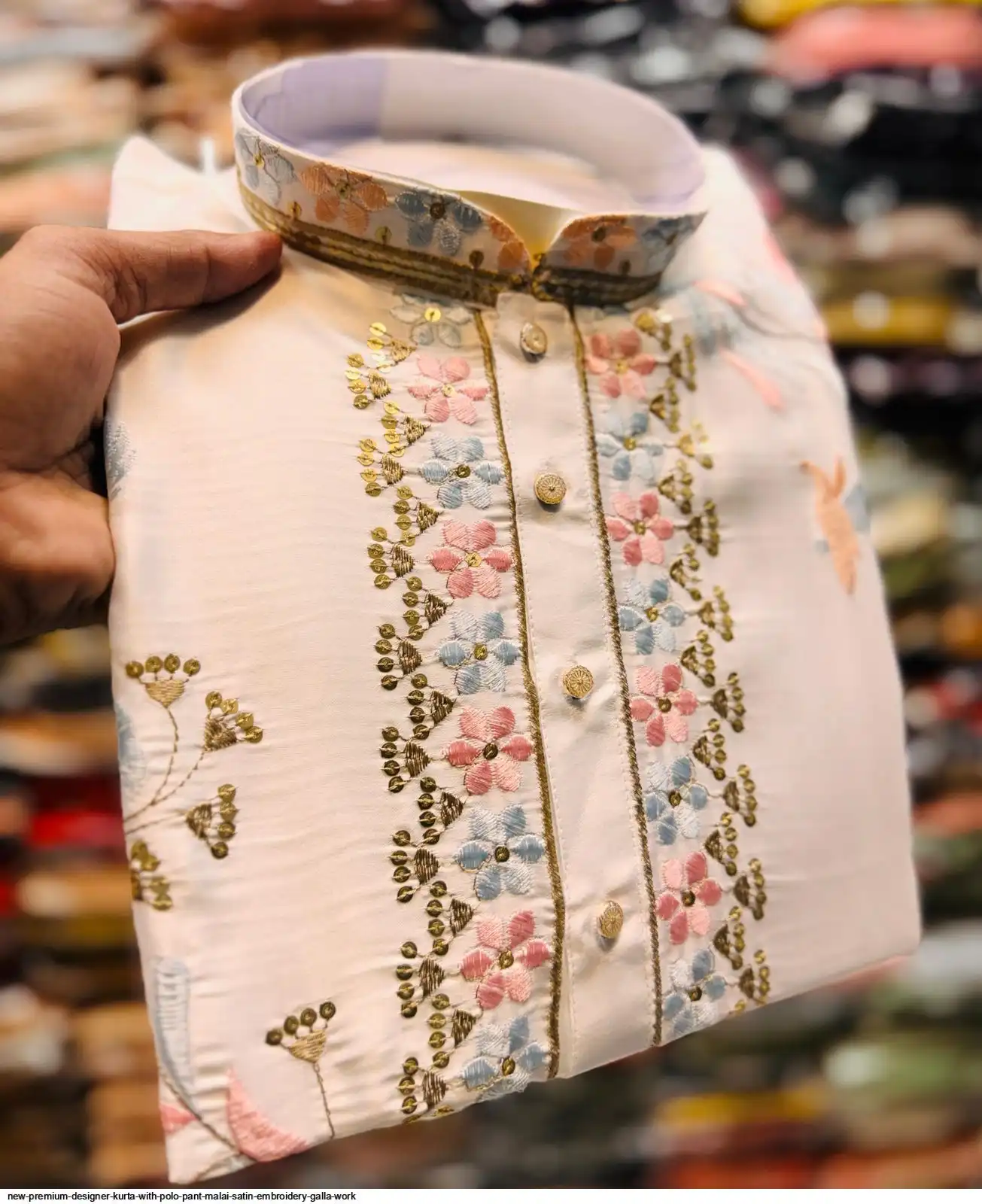 NEW PREMIUM DESIGNER KURTA WITH POLO PANT MALAI SATIN EMBROIDERY GALLA WORK 3