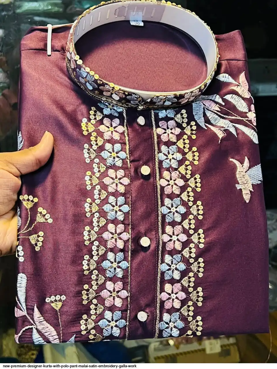 NEW PREMIUM DESIGNER KURTA WITH POLO PANT MALAI SATIN EMBROIDERY GALLA WORK 5
