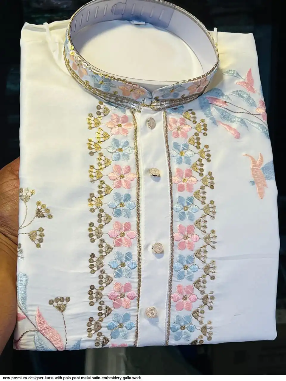 NEW PREMIUM DESIGNER KURTA WITH POLO PANT MALAI SATIN EMBROIDERY GALLA WORK 8