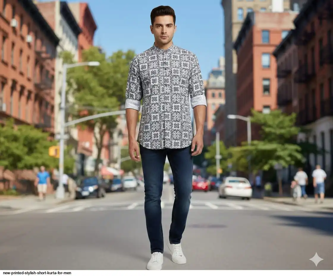 NEW PRINTED STYLISH SHORT KURTA FOR MEN C