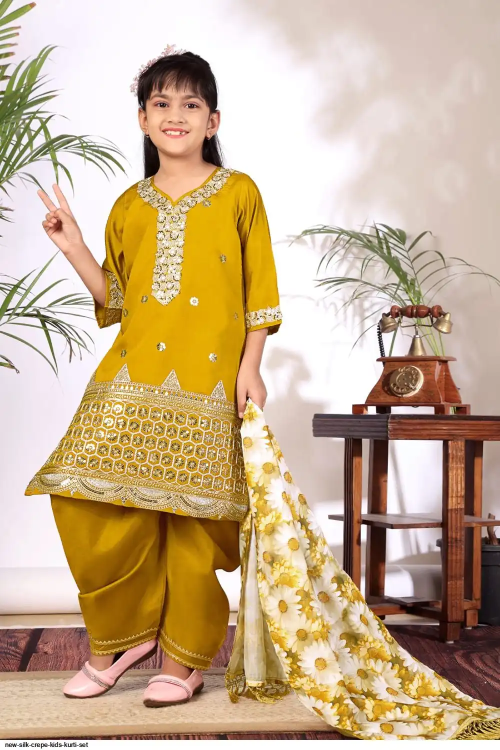 NEW SILK CREPE KIDS KURTI SET D