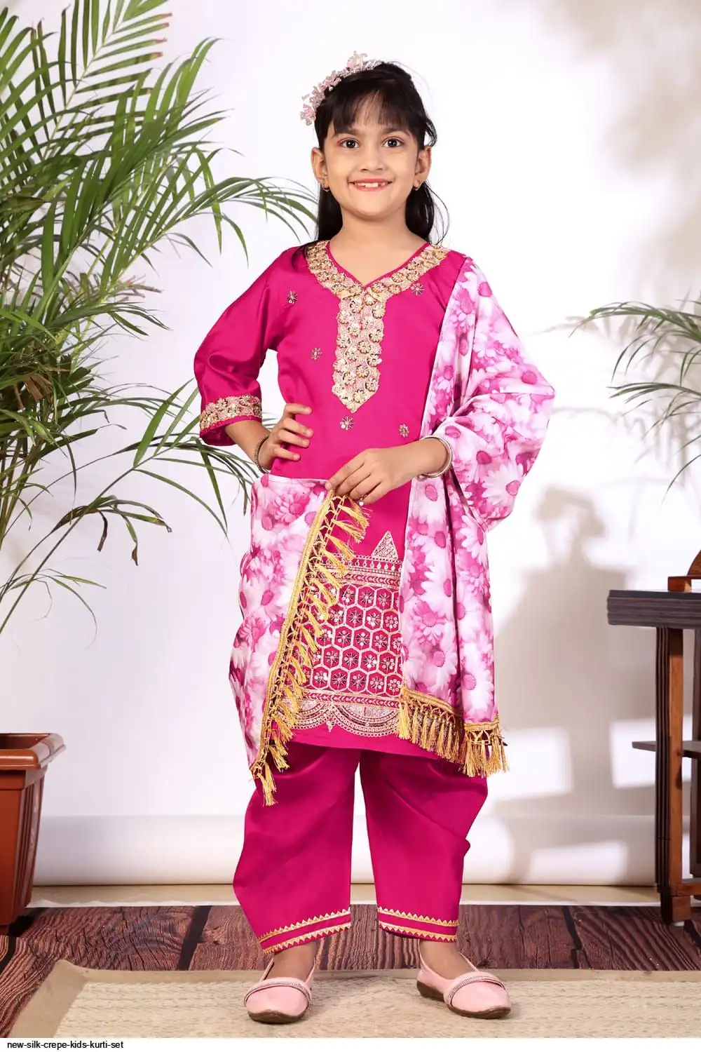 NEW SILK CREPE KIDS KURTI SET C