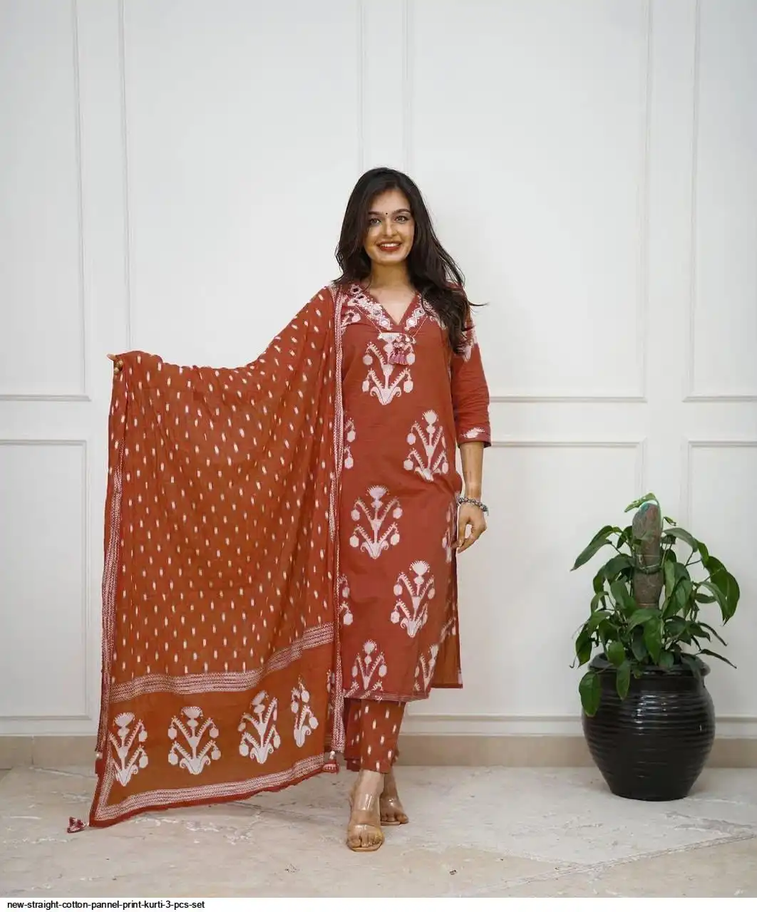 NEW STRAIGHT COTTON PANNEL PRINT KURTI 3 PCS SET A