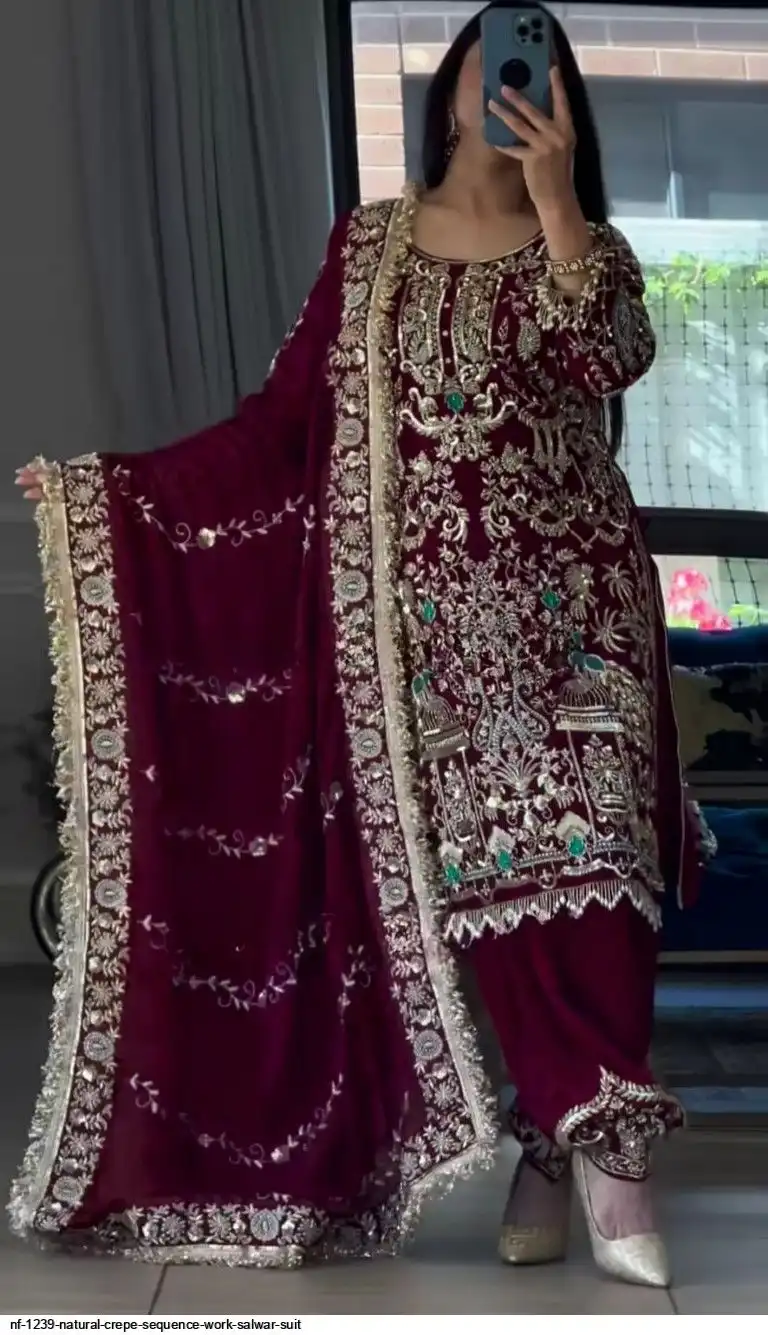 NF 1239 NATURAL CREPE SEQUENCE WORK SALWAR SUIT A
