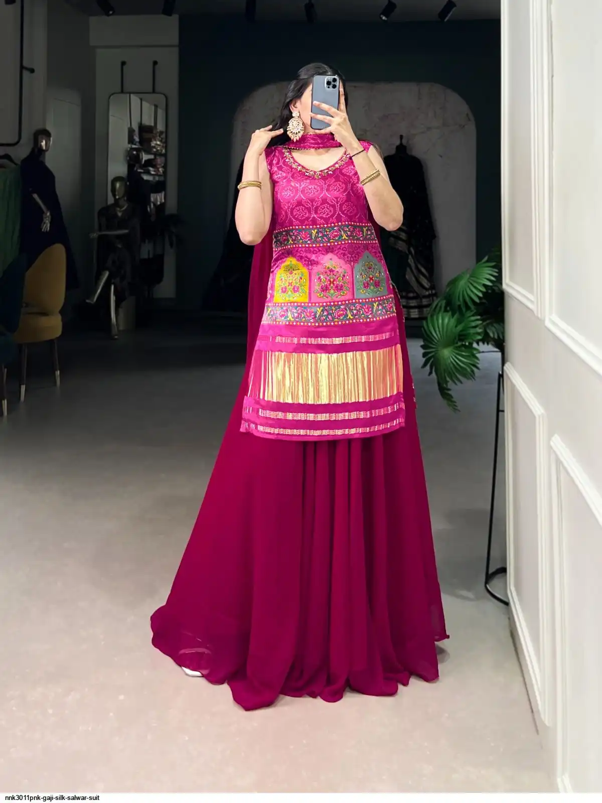 gaji silk dress Designer Gaji Silk Gown With Bandhej Print