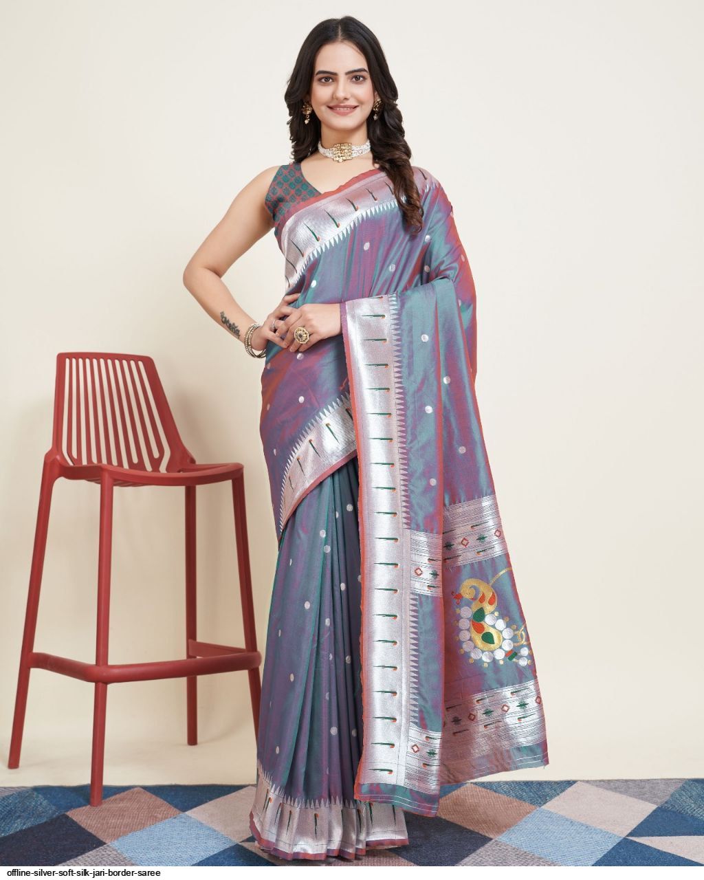 OFFLINE SILVER soft silk jari border saree