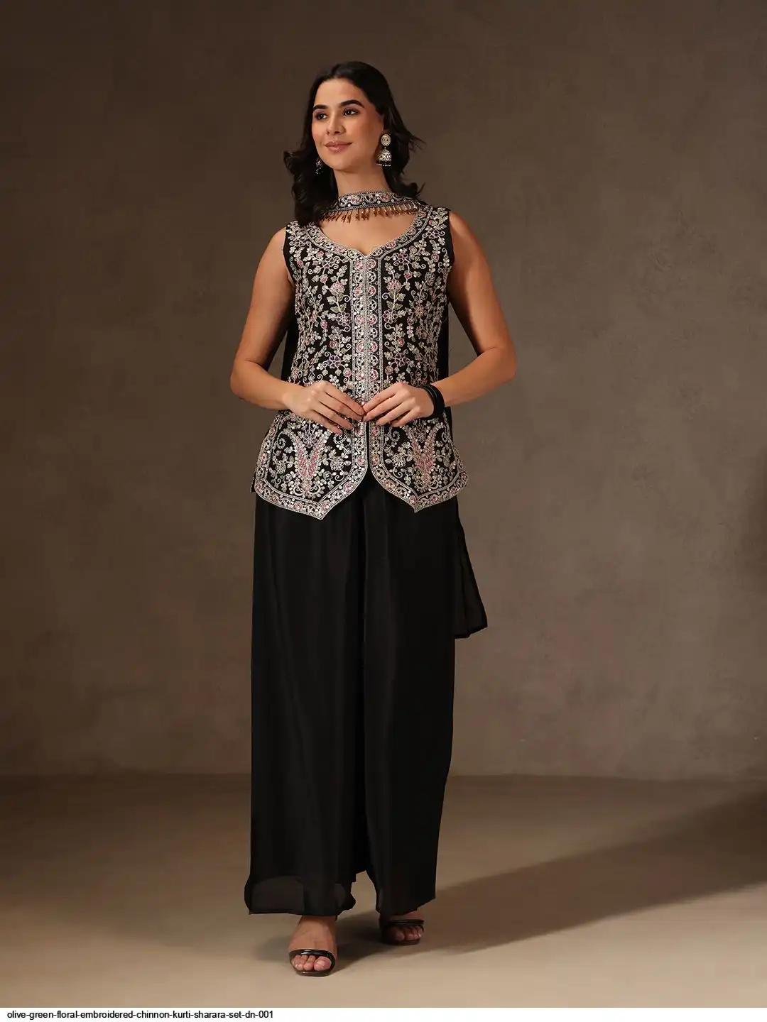 DN 001 EMBROIDERED CHINNON KURTI SHARARA SET C