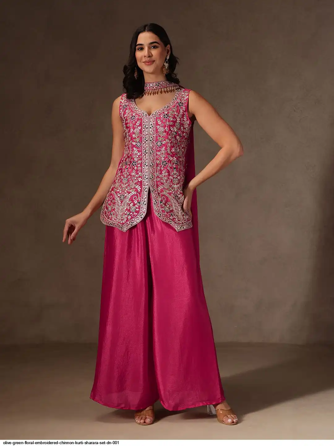 DN 001 EMBROIDERED CHINNON KURTI SHARARA SET A