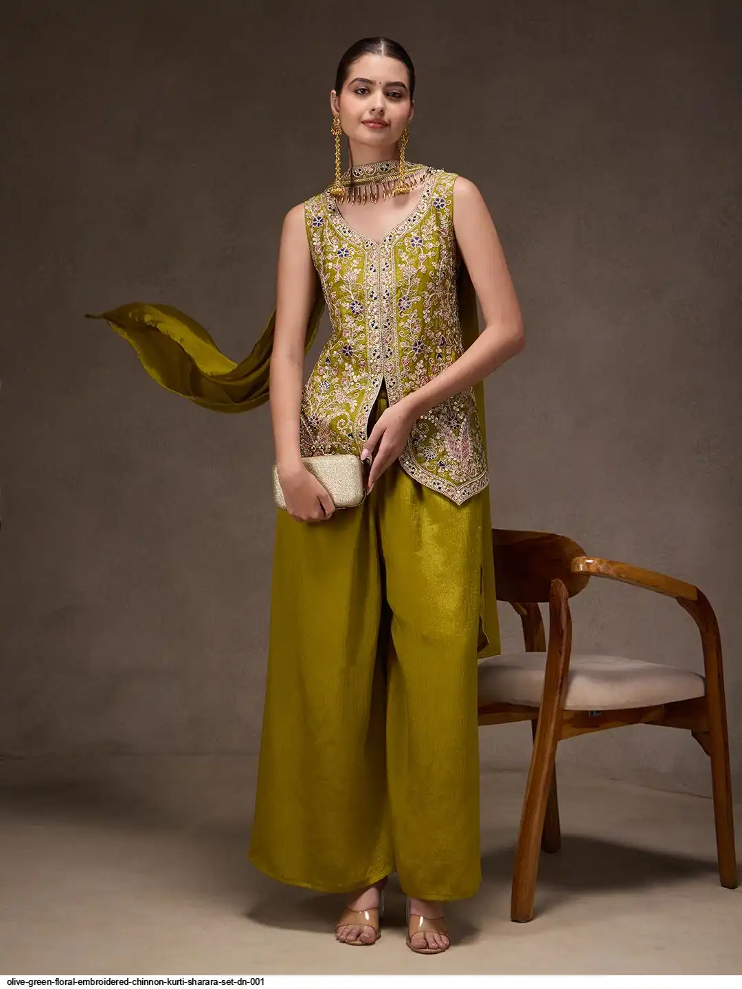 DN 001 EMBROIDERED CHINNON KURTI SHARARA SET B