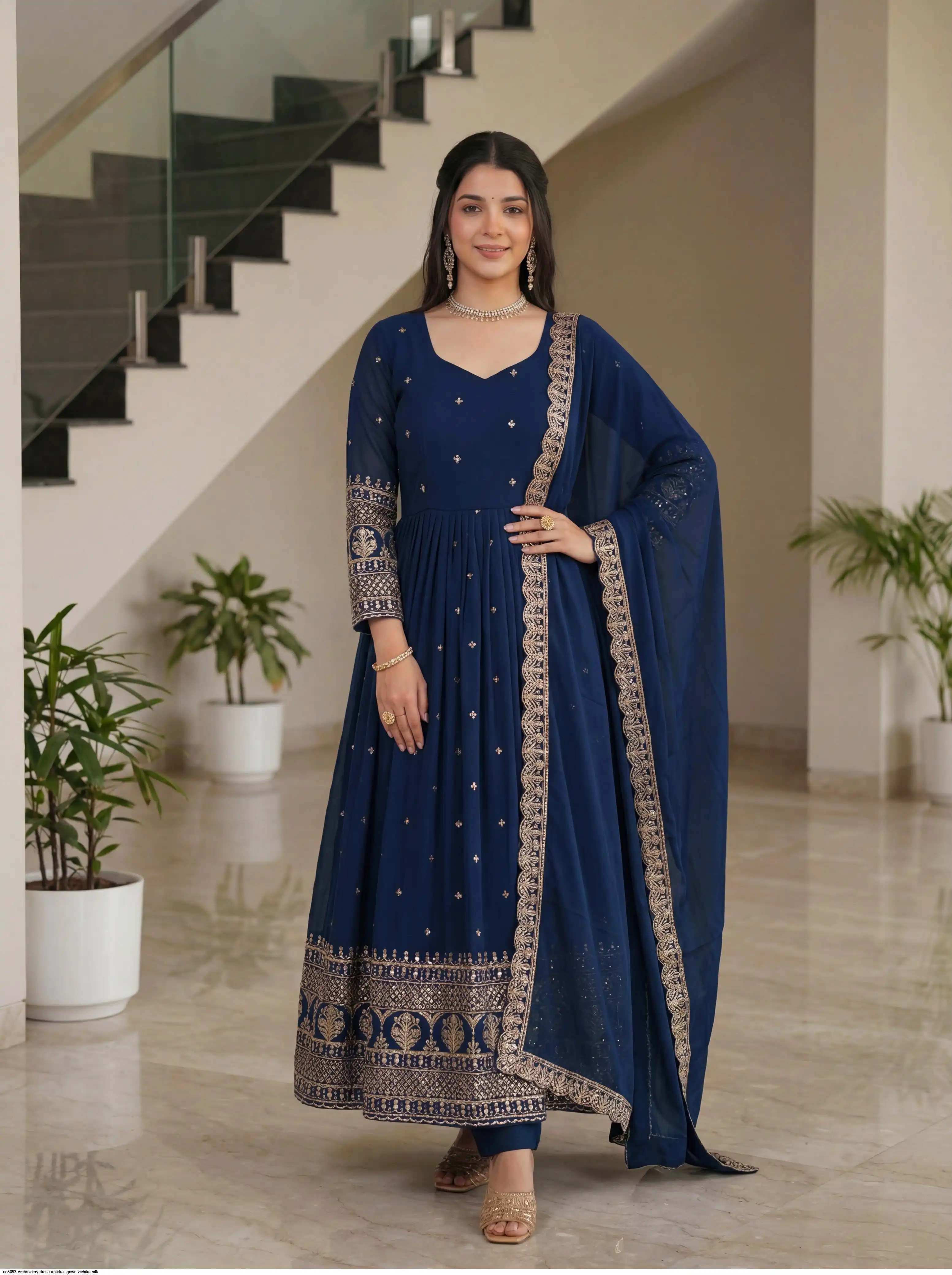 ON5093 EMBROIDERY DRESS ANARKALI GOWN VICHITRA SILK 2