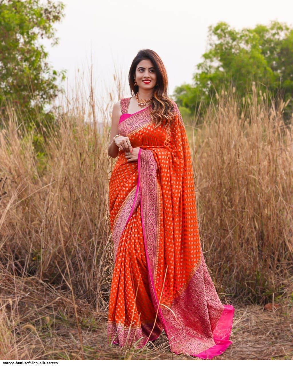 ORANGE BUTTI SOFT LICHI SILK SAREES