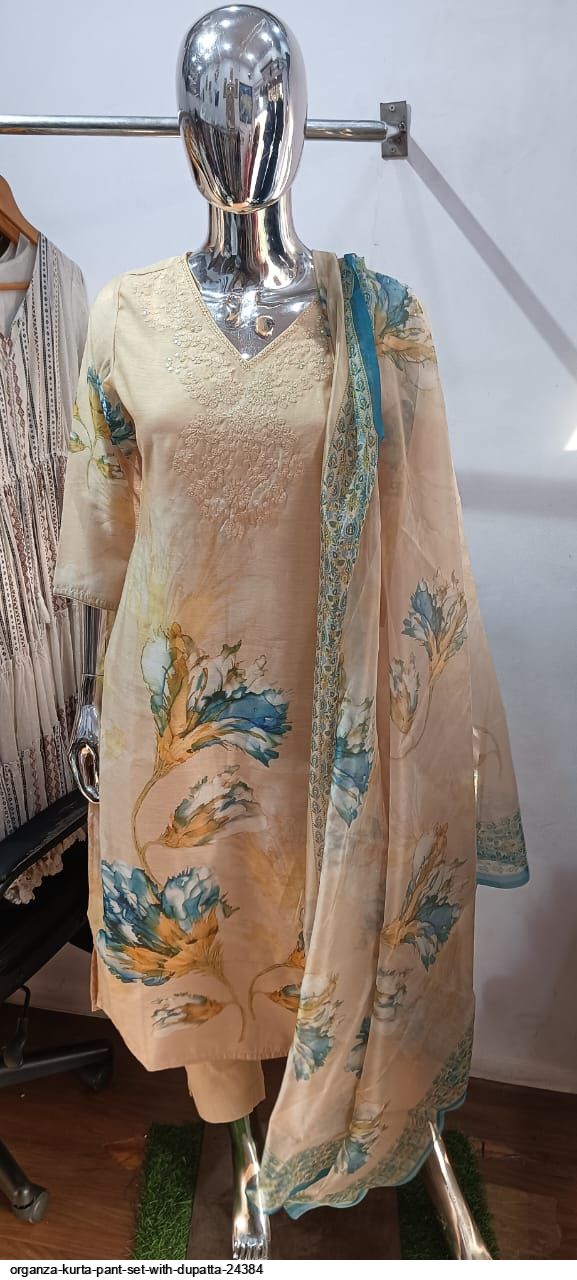 KD Anarkali Damen Kurta Set - Organza Blumendruck Mit Dupatta & Hose