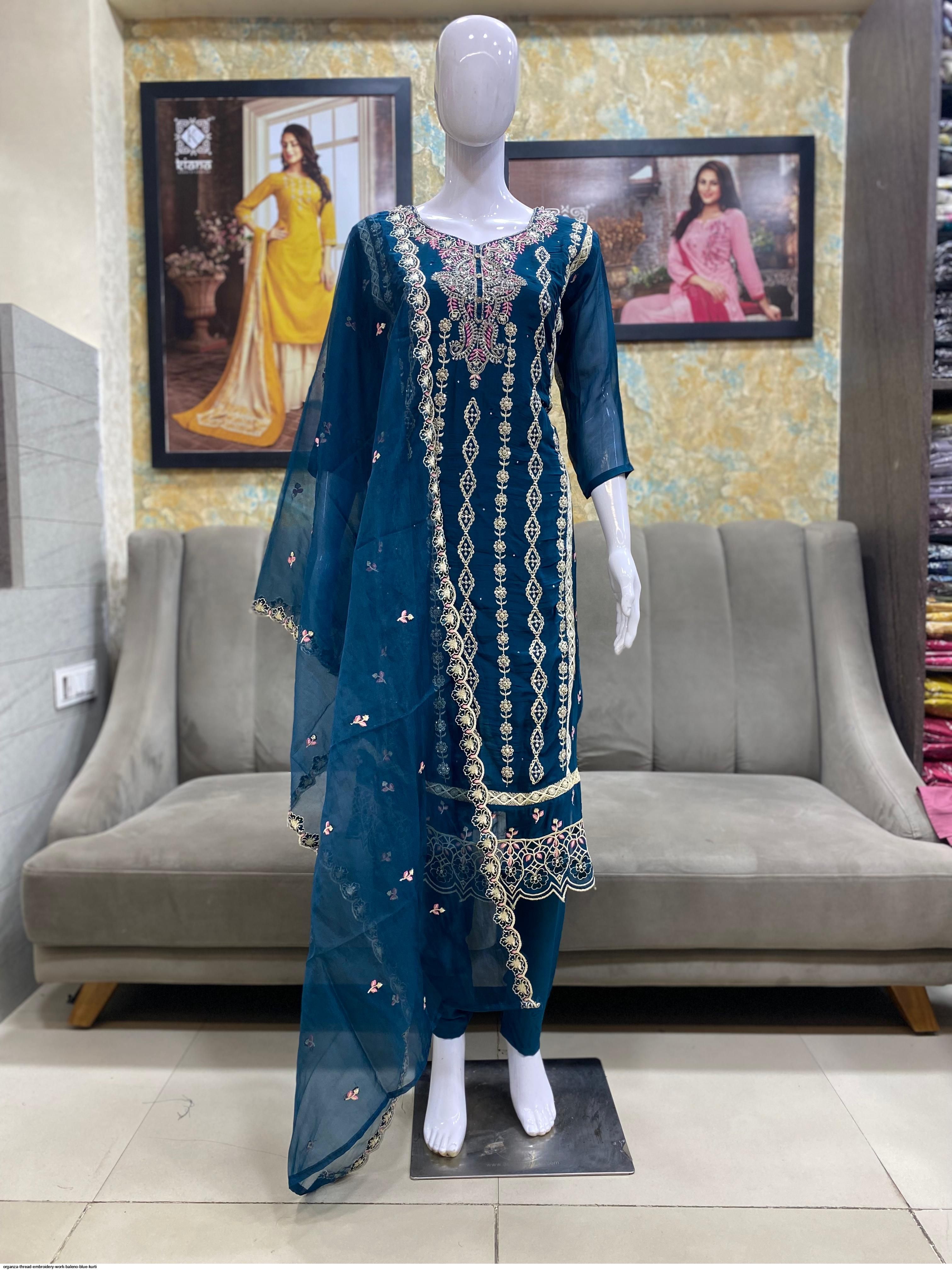ORGANZA THREAD EMBROIDERY WORK BALENO BLUE KURTI