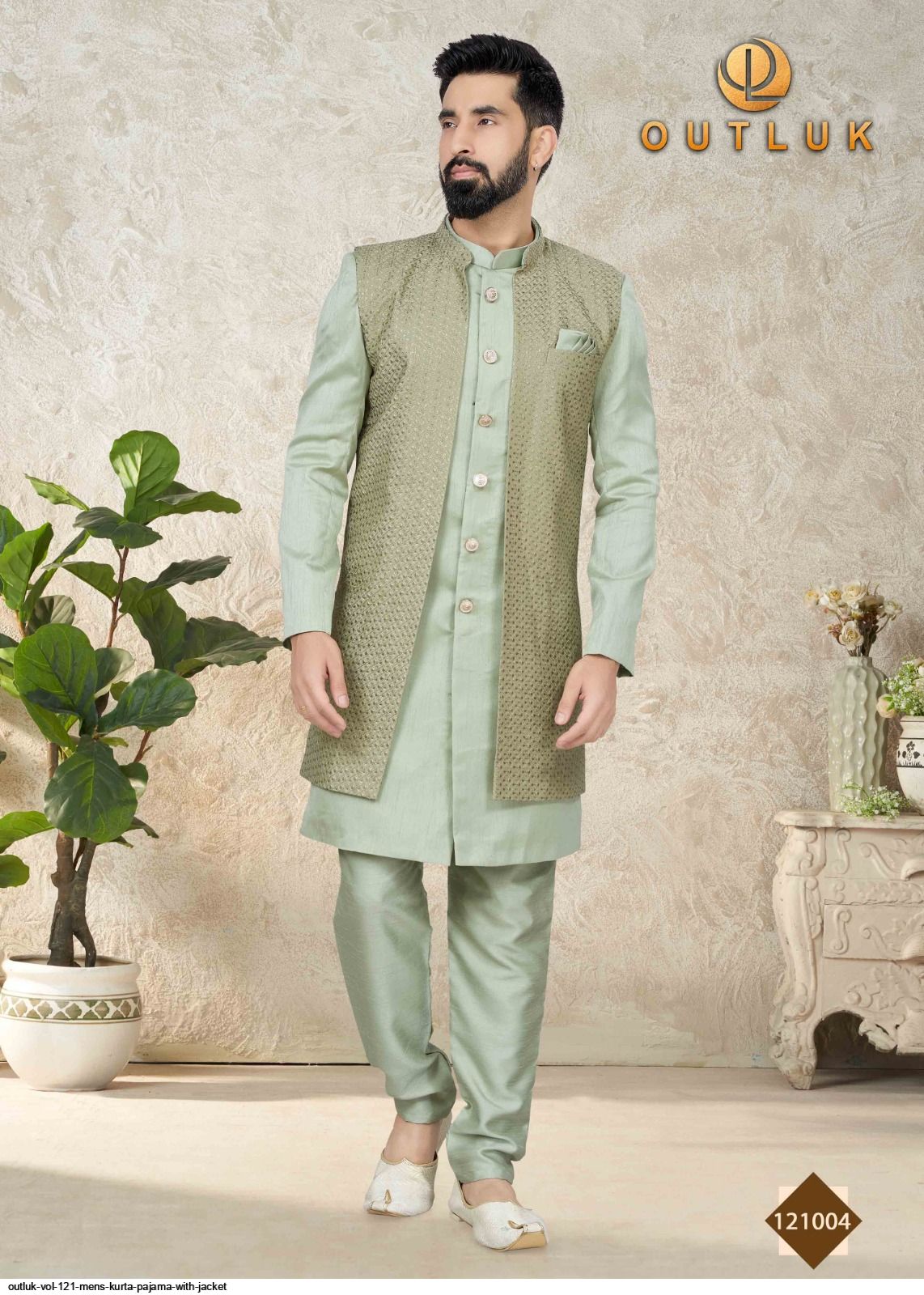 Sandal pure-silk jacket kurta set features sandal colour full-sleeve kurta  & pants, contrast intricate jacquard jacket